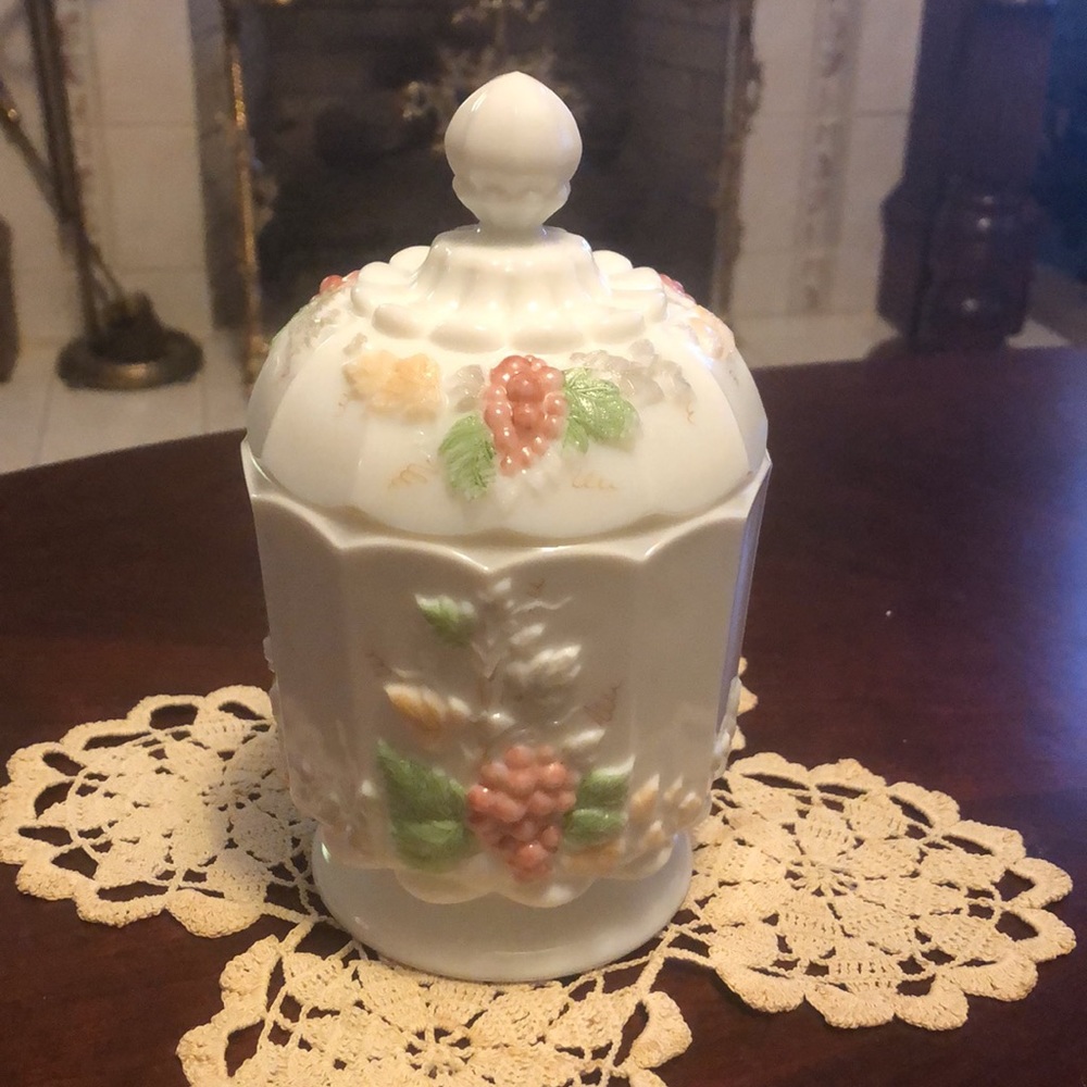 Westmoreland Vintage Milk Glass Lidded Jar with Grapes